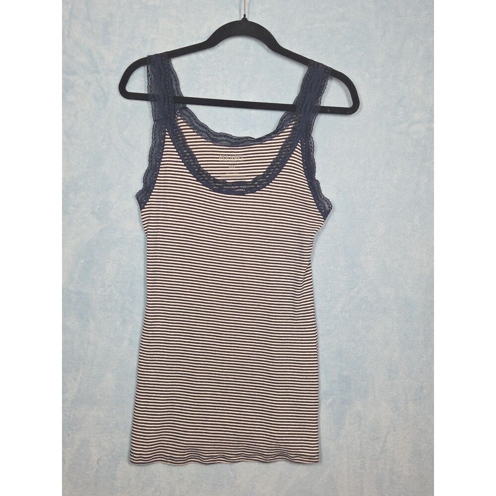 OLD NAVY LONG STRIPE RIB KNIT TANK TOP LARGE LACE TRIM SCOOP NECK Y2K NAUTICAL